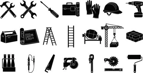 A collection of various everyday objects and tools in black and white line .. Stock Illustration