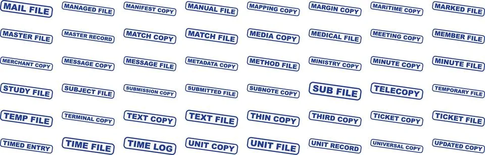 Collection of various file types and descriptions displayed in blue text on.. 库存插图