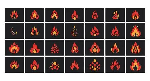 Collection of various flame icons on black background Stock Illustration