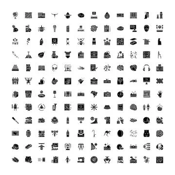 Collection of various flat black icon glyphs on white Stock Illustration