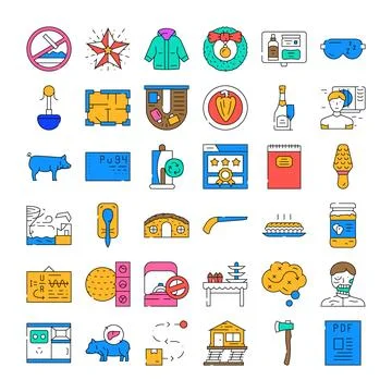 Collection of various flat line color icons Stock Illustration