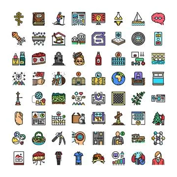 Collection of various flat line color icons Stock Illustration