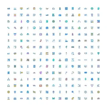 Collection of various flat line design icons illustrating concepts Stock Illustration