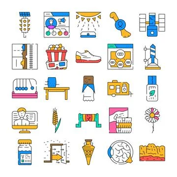 Collection of various flat line icons illustrating science and technology Stock Illustration