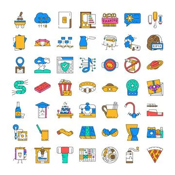 Collection of various flat line icons for web 库存插图