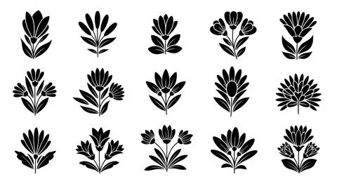 A collection of various flower and leaf designs in black Illustrazione stock