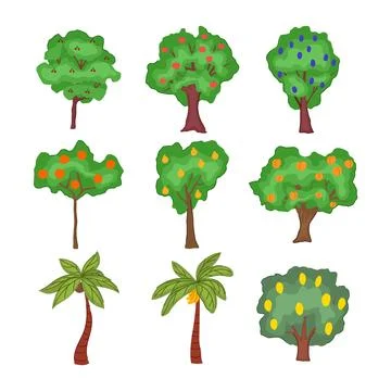 Collection of various fruit trees, plants, and harvest symbols Stock Illustration