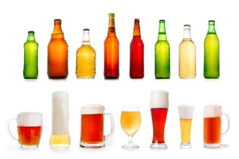 Collection of various full beer bottles and glasses Stock-Fotos
