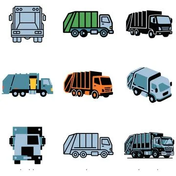 Collection of Various Garbage Truck Vector Icons for Urban Waste Management.. Иллюстрация