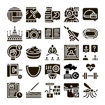 Collection of various glyph icons representing diverse concepts Stock Illustration
