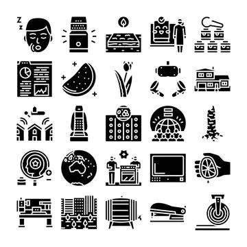 Collection of various glyph icons representing diverse concepts Ilustración de archivo