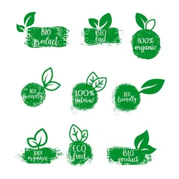 A collection of various green eco emblems and labels for eco emblems, featu.. Illustrazione stock