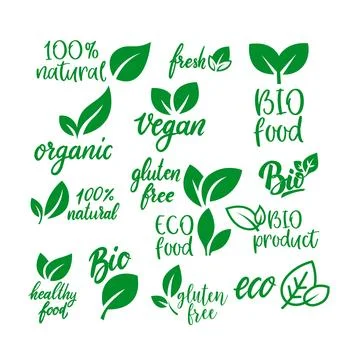 A collection of various green eco emblems and labels for eco emblems, featu.. Illustrazione stock
