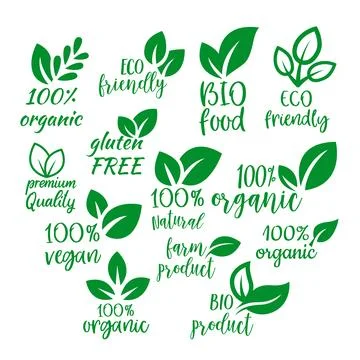 A collection of various green eco emblems and labels for eco emblems, featu.. Stock Illustration
