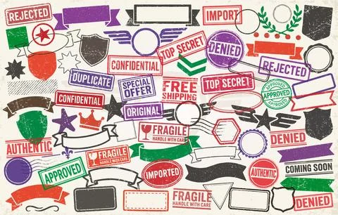 Collection of various grunge style retro stamps. Vintage text rubber stamp set Stock Illustration