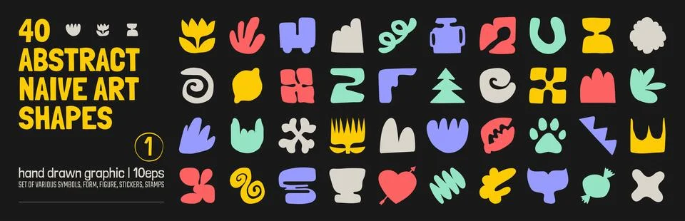 Collection of various hand drawn bizarre abstract geometric unusual shapes,.. Stock Illustration