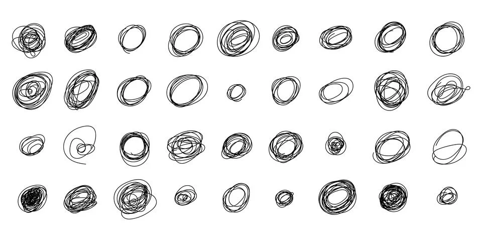 A collection of various hand-drawn black ink scribble circles, chaotic roun.. Stock Illustration