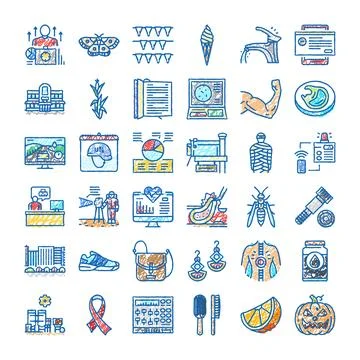 Collection of various hand drawn scratchboard style icons Ilustración de archivo