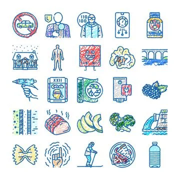 Collection of various hand drawn style icons illustrating different concepts Stock Illustration