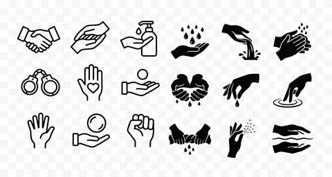 Collection of various hand gestures and actions in black and white Stock Illustration