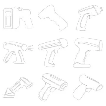 Collection of various handheld power tool designs illustrated in simple lin.. Stock Illustration