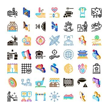 Collection of various icon style illustrations representing concepts Stockillustratie