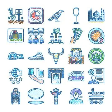 Collection of various icons doodle drawing style Stock Illustration