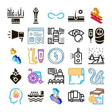 Collection of various icons representing diverse concepts and themes Stock Illustration