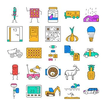 Collection of various icons representing modern concepts and objects Stock Illustration