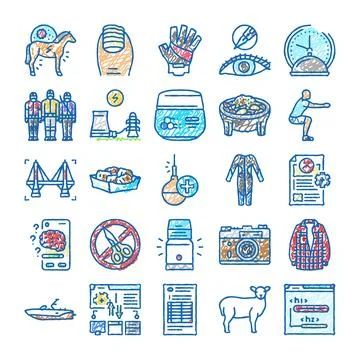 Collection of various icons representing modern life concepts Ilustración de archivo