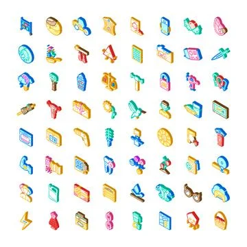 Collection of various isometric icons presenting diverse concepts Stock Illustration
