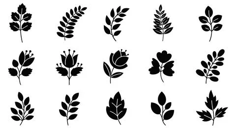 A collection of various leaf designs and patterns arranged in a grid layout Stock Illustration