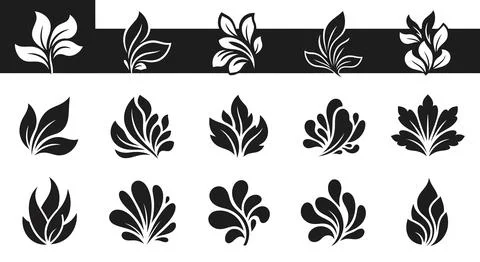 A collection of various leaf designs in black and white Stock Illustration