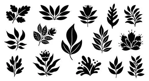 A collection of various leaf shapes and patterns in a symmetrical arrangement Stock Illustration