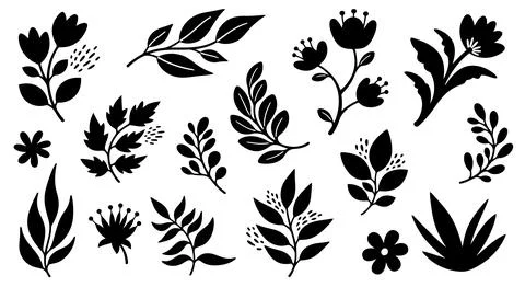 A collection of various leaf shapes and sizes in a black and white illustrati 스톡 일러스트