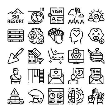 Collection of various line icons representing diverse concepts Stock Illustration