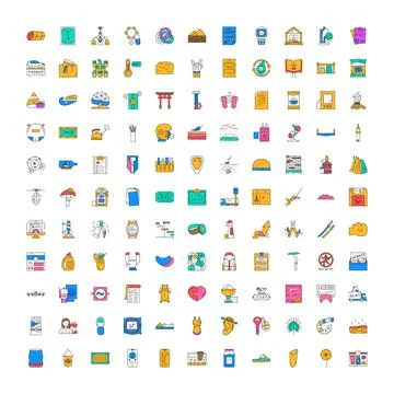 Collection of various line icons representing diverse concepts Stock Illustration