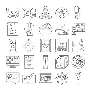 Collection of various line icons representing diverse concepts Stock Illustration