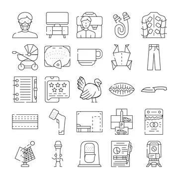 Collection of various line icons representing everyday objects and concepts Stock Illustration