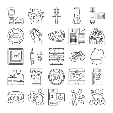 Collection of various line icons representing diverse concepts Stock Illustration