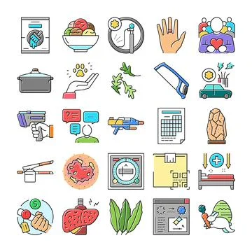 Collection of various line icons representing diverse concepts Ilustración de archivo