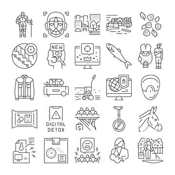 Collection of various line icons representing diverse concepts Stock Illustration