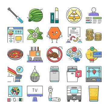 Collection of various linear technology and lifestyle icons Stock Illustration