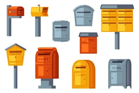 Collection of various mailboxes and postboxes, showcasing different designs and Illustrazione stock