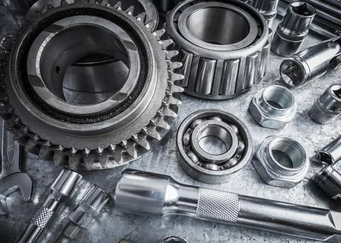 Collection of various mechanical tools and components arranged on a workbench Stock Photos