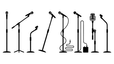 Collection of various microphone silhouettes on stands for audio recording Stock Illustration