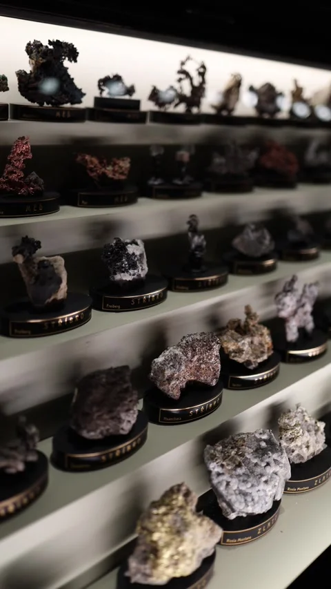 A collection of various mineral specimens displayed on shelves, including fluori Stock Footage 289637474
