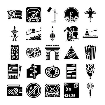 Collection of various modern and historical glyph icons Stock Illustration