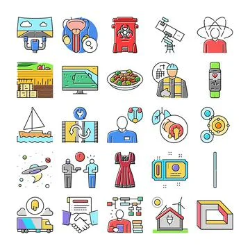 Collection of various modern technology science medicine industry icons Stock Illustration