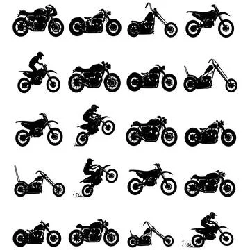 A Collection of Various Motorcycle Silhouettes Featuring Sports and Cruiser.. 库存插图